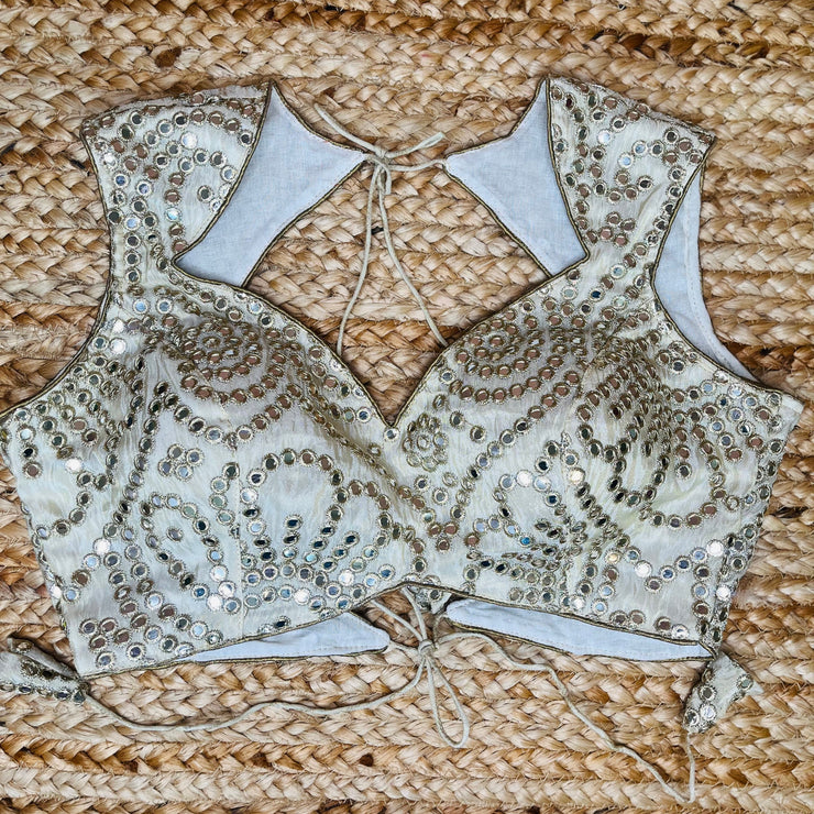 Designer gold tissue blouse with mirror work