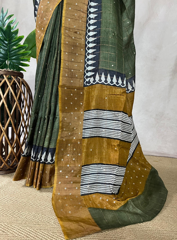 Pure Tussar silk saree with hand work and stitched blouse