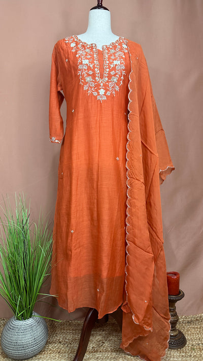 Orange Chanderi silk kurti set with hand emroidery