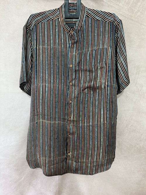 Ajrakh handblock printed Mandarin colar shirts in pure modal silk