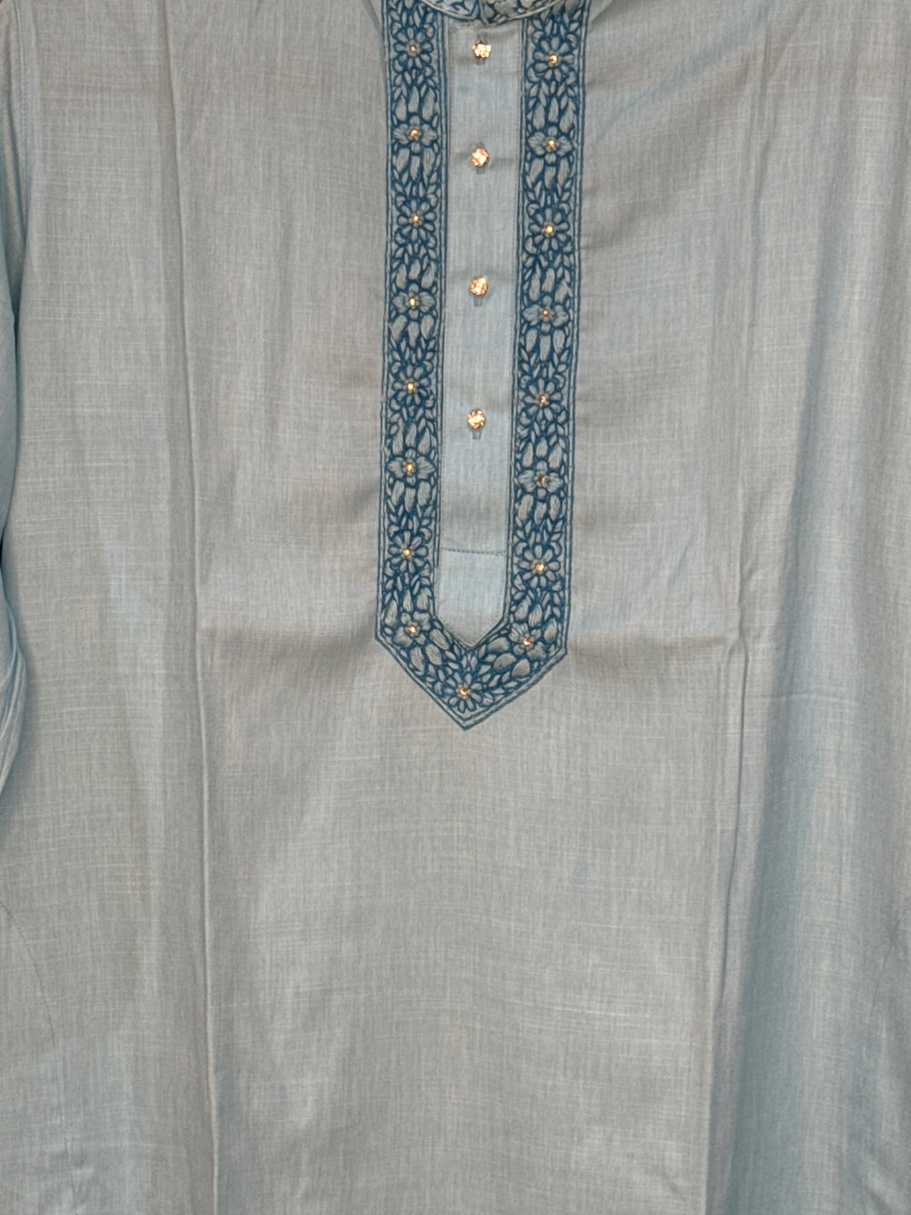 Sky blue soft cotton kurta with hand emroidery on the neck