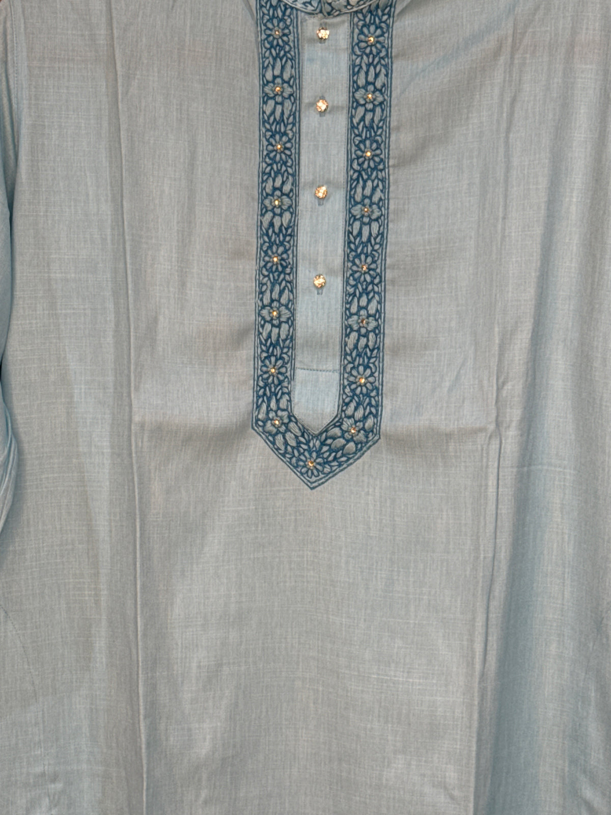 Sky blue soft cotton kurta with hand emroidery on the neck