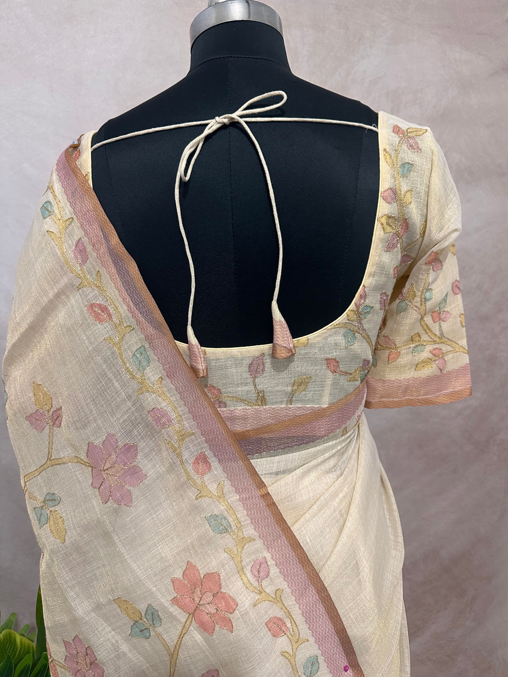 Printed Tissue linen saree with thread work, and stitched blouse