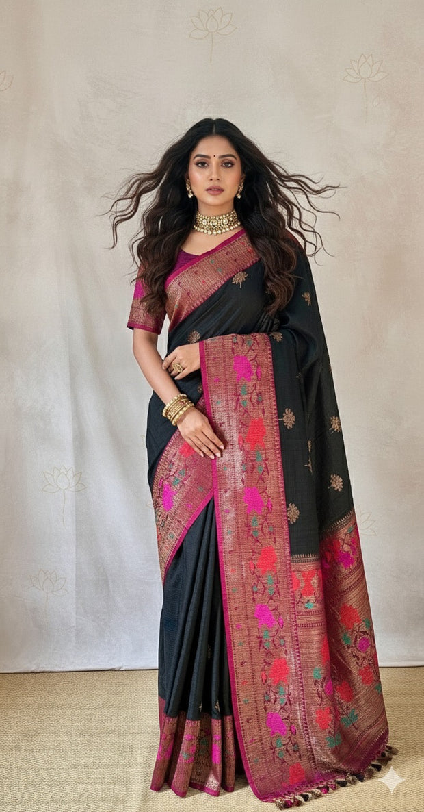 Pure Dupion silk Black saree with muniya border and stitched blouse
