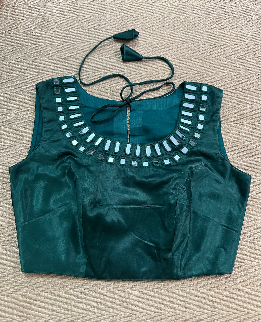 Green modal silk blouse with mirror work