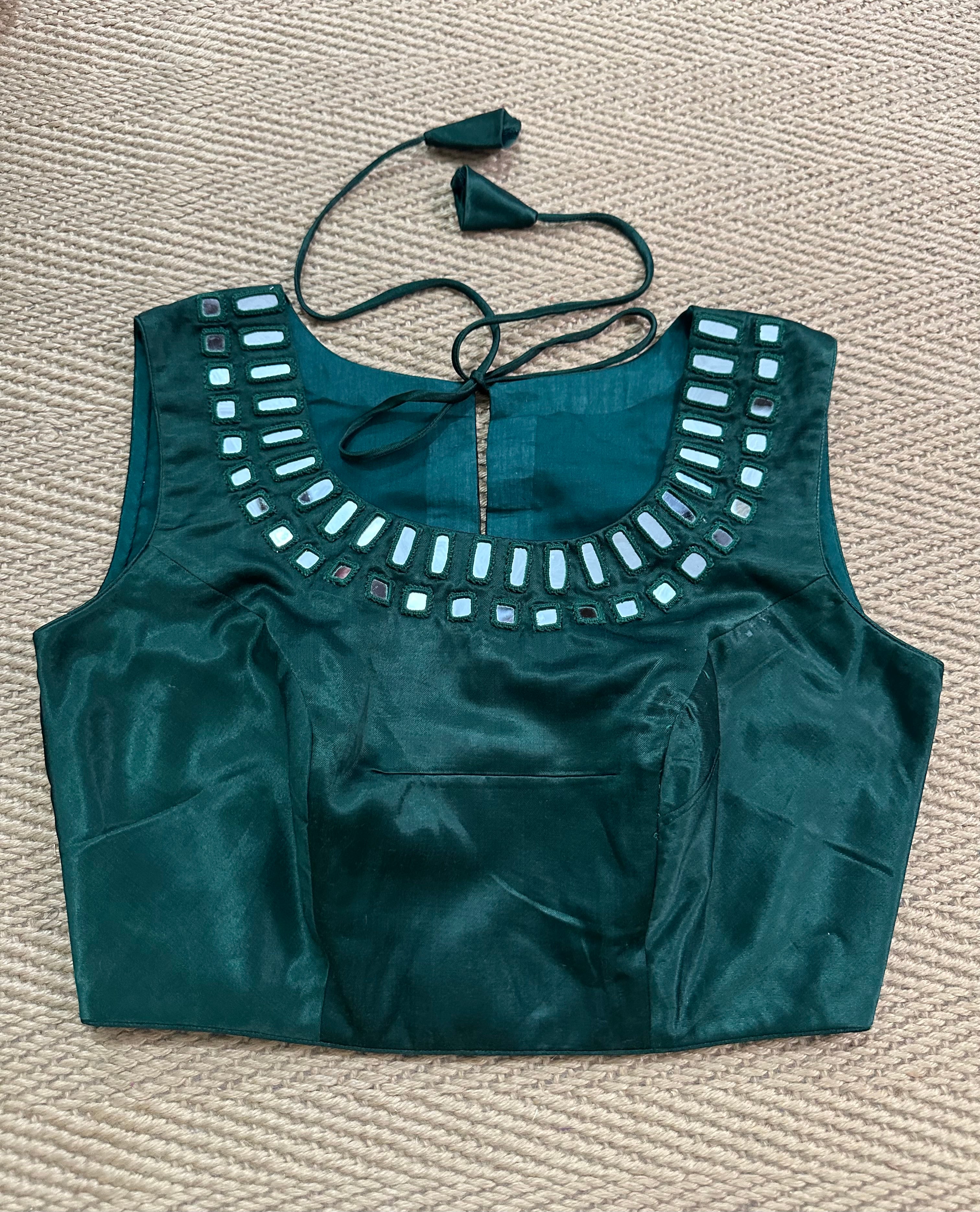 Green modal silk blouse with mirror work