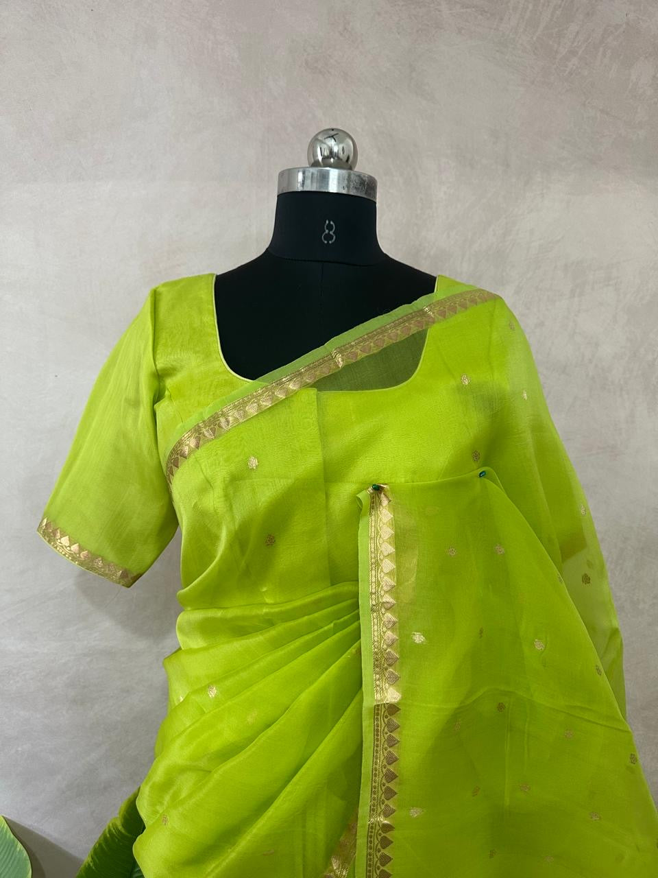 Kora silk saree with small border and stitched blouse and under skirt
