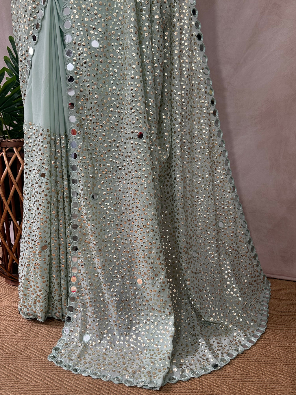 Designer saree with sequins and mirror, stitched blouse and under skirt