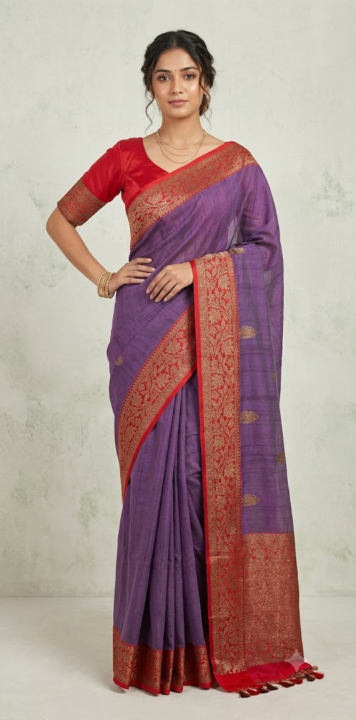 Egg plant raw silk saree with red banarsi borderr with stitched blouse