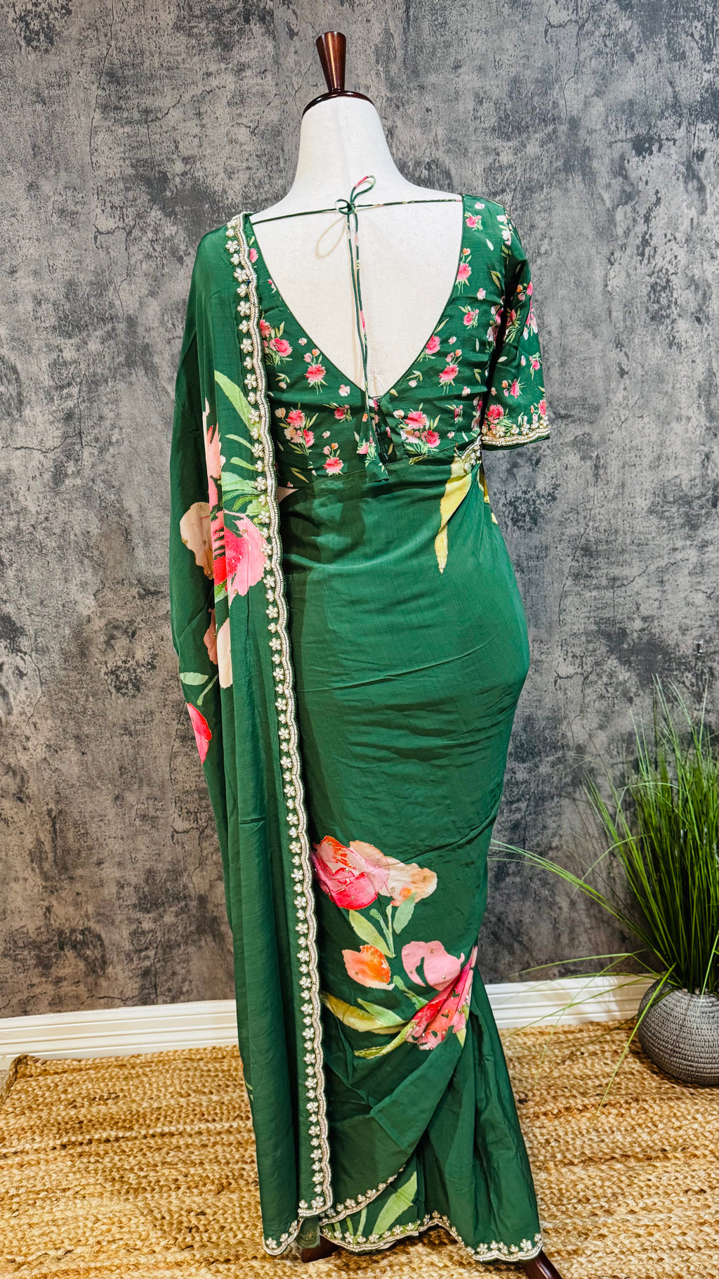Forest green chinon digital Printed saree with bead work and stitched blouse
