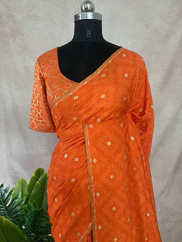 Orange pure munga silk saree with Tanchoi Weave , stitched blouse