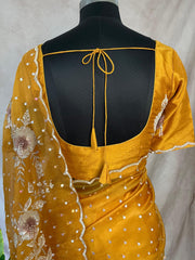 Orange Organza silk saree with 3D embroidery , with stitched blouse