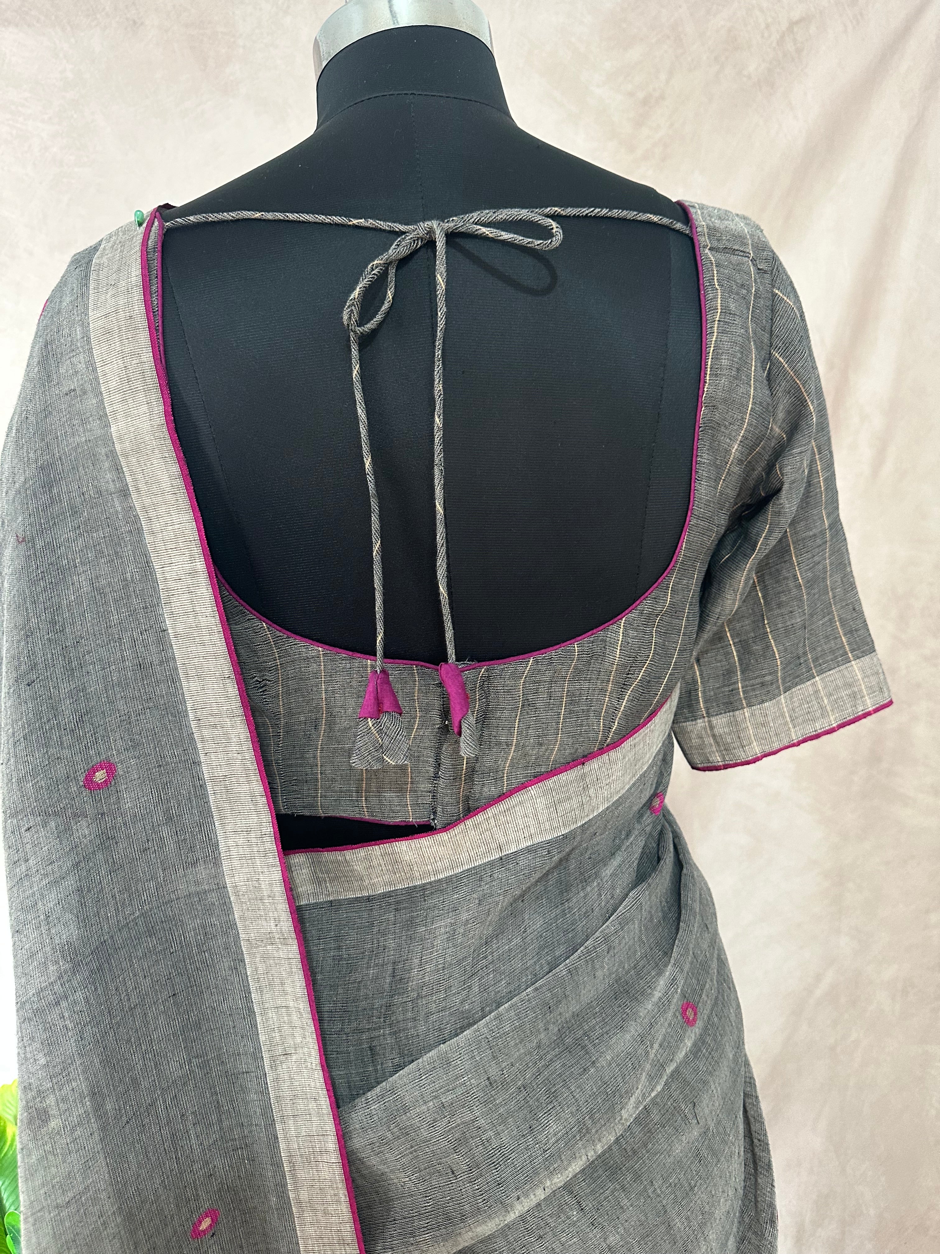 100 count tissue linen saree with hand jamdani, with stitched blouse