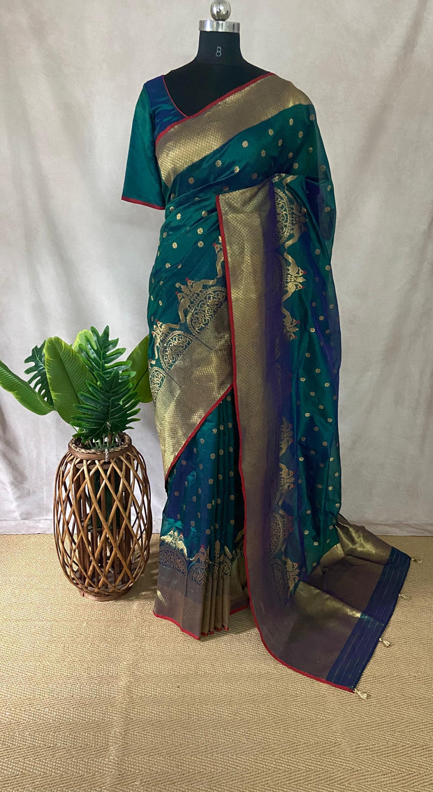 Navy blue chanderi silk saree with stitched blouse