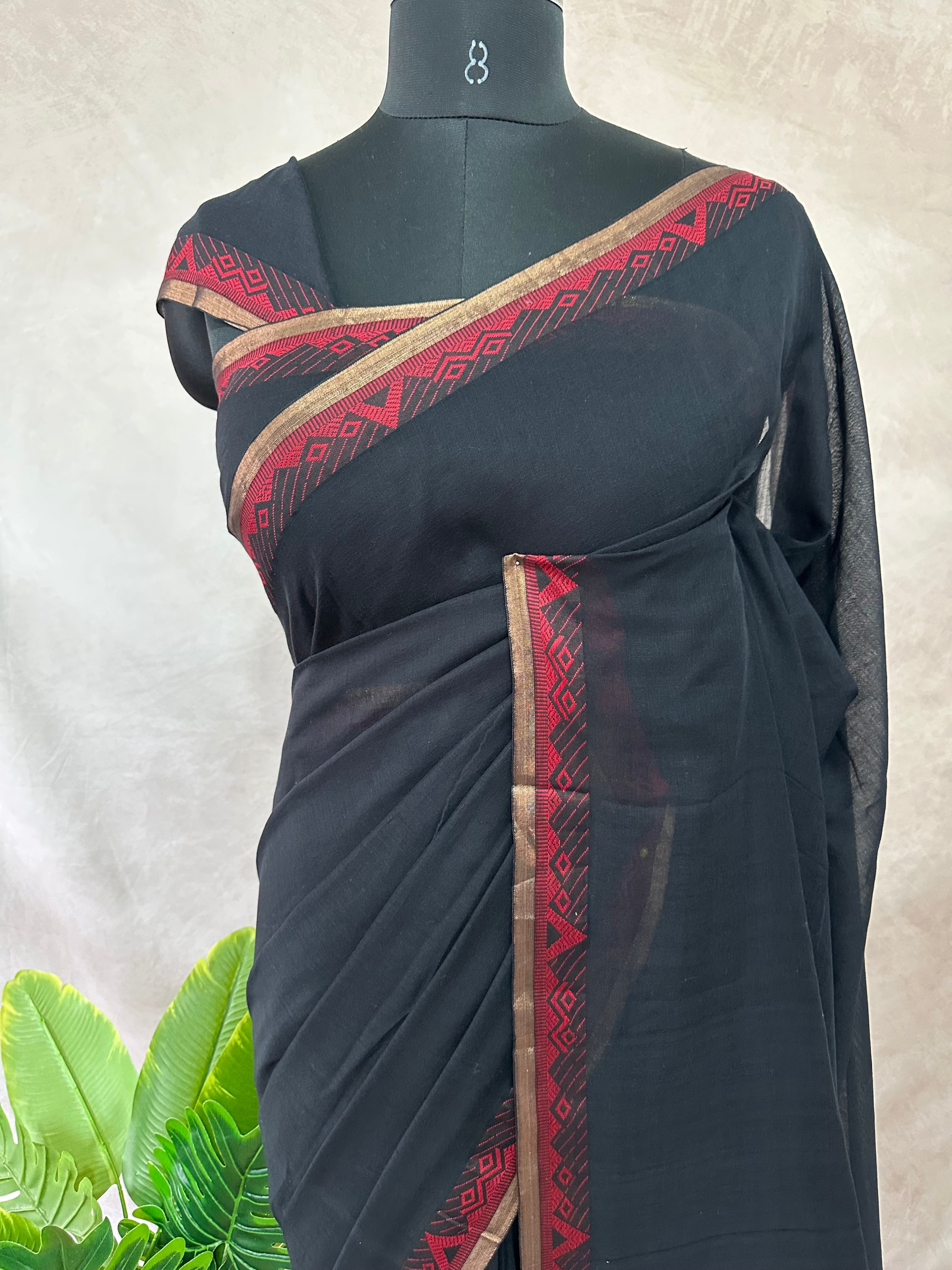 Cotton handloom saree with zari and red thread weave