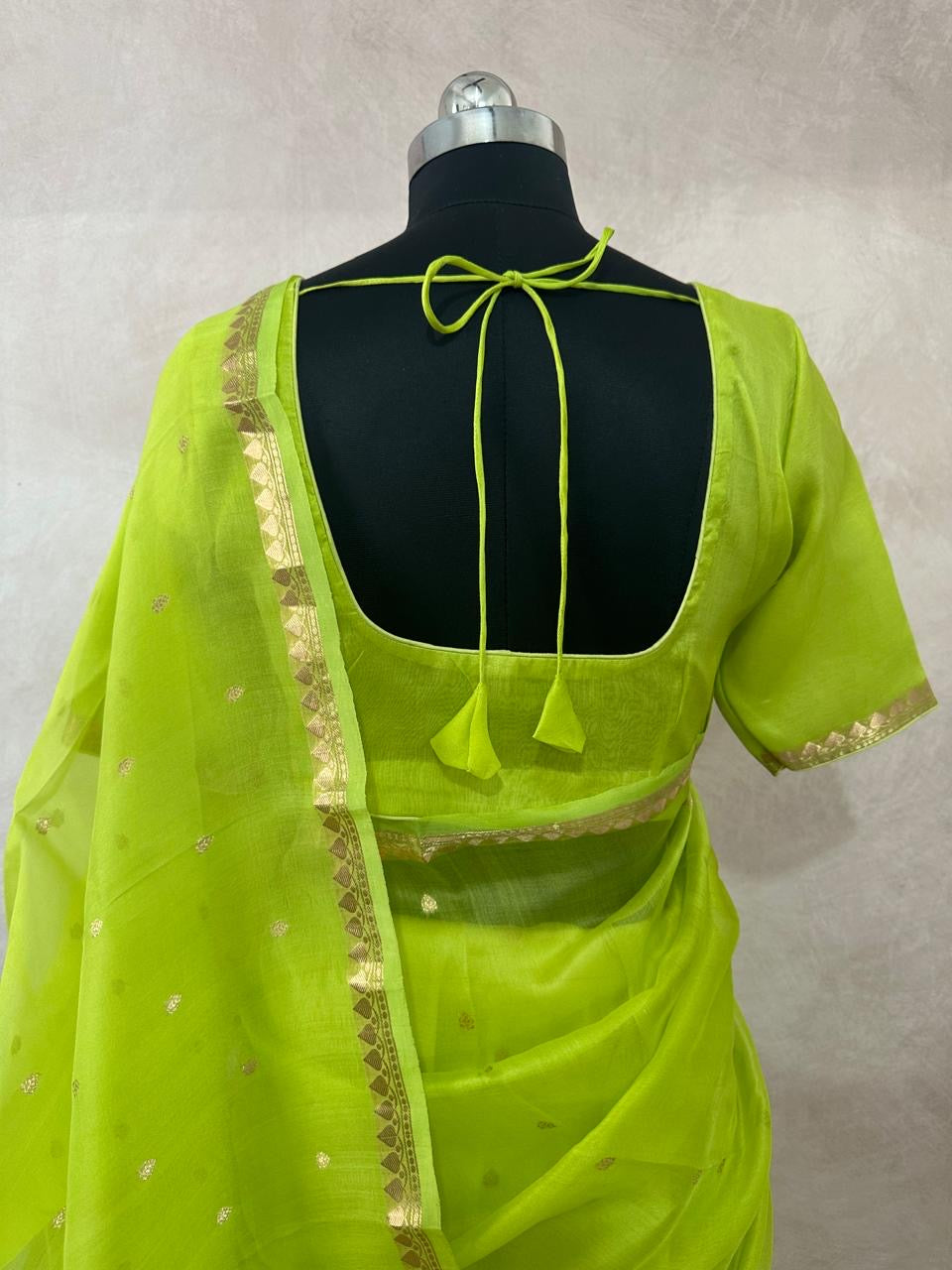 Kora silk saree with small border and stitched blouse and under skirt