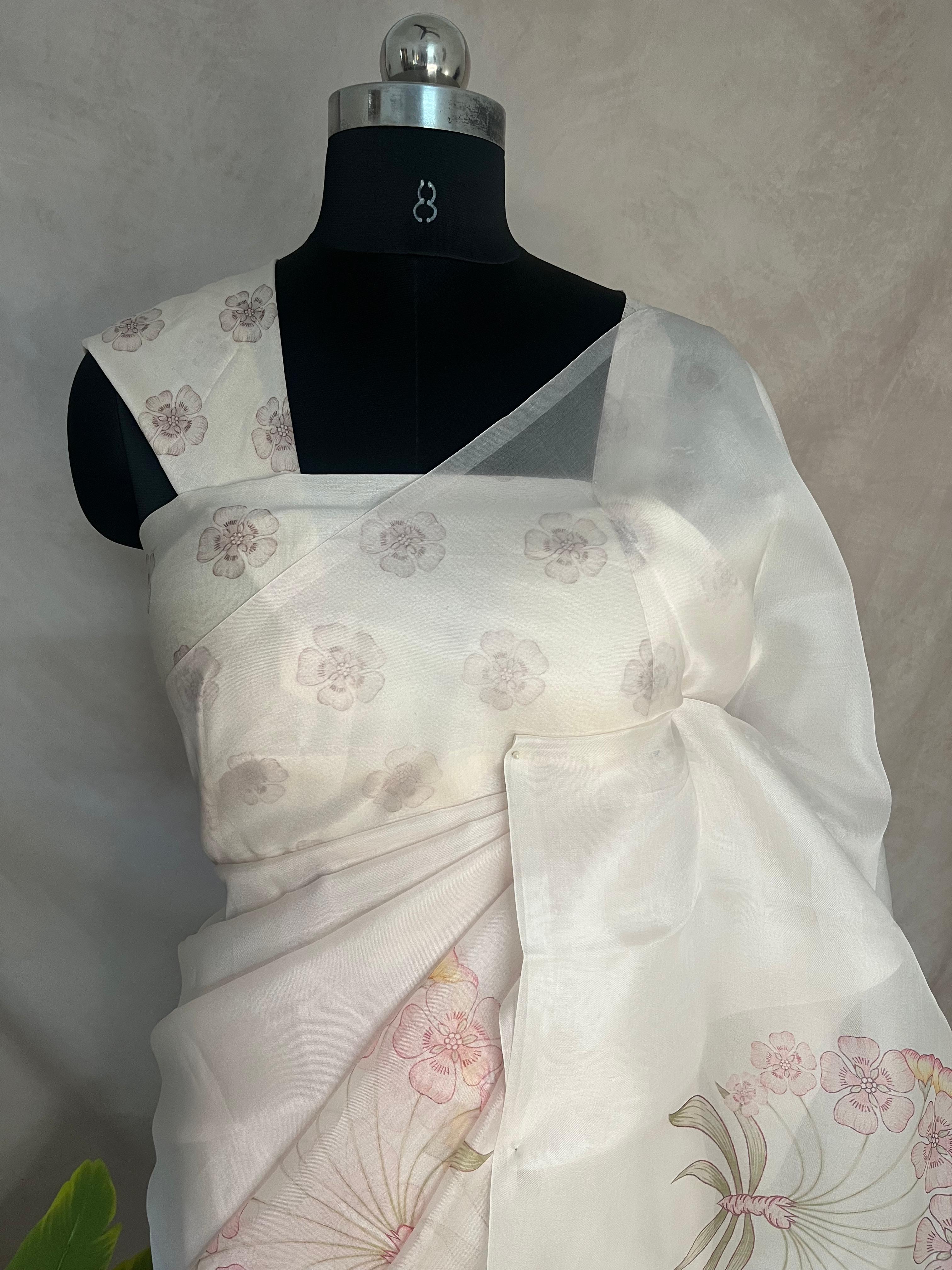 Pastel pink silk organza saree with digital print, with BP