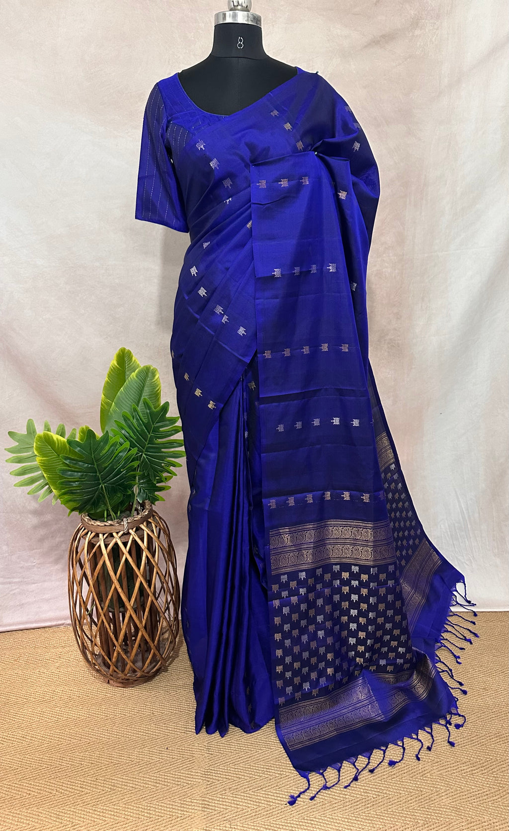 Blue pure Kanchivaram soft silk saree with stitched blouse