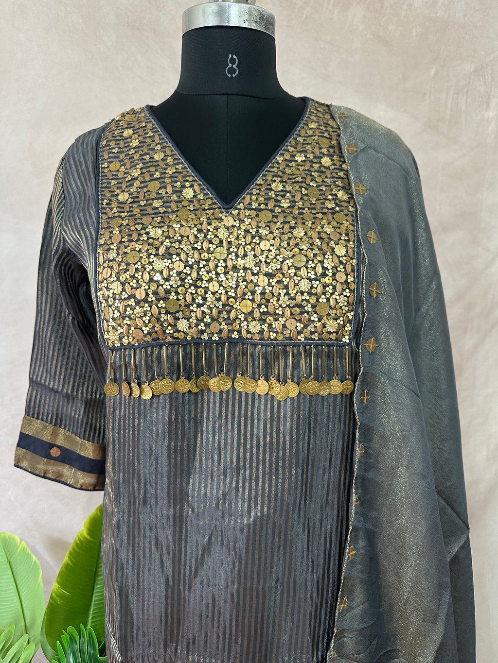 Grey chanderi tissue silk designer kurti set