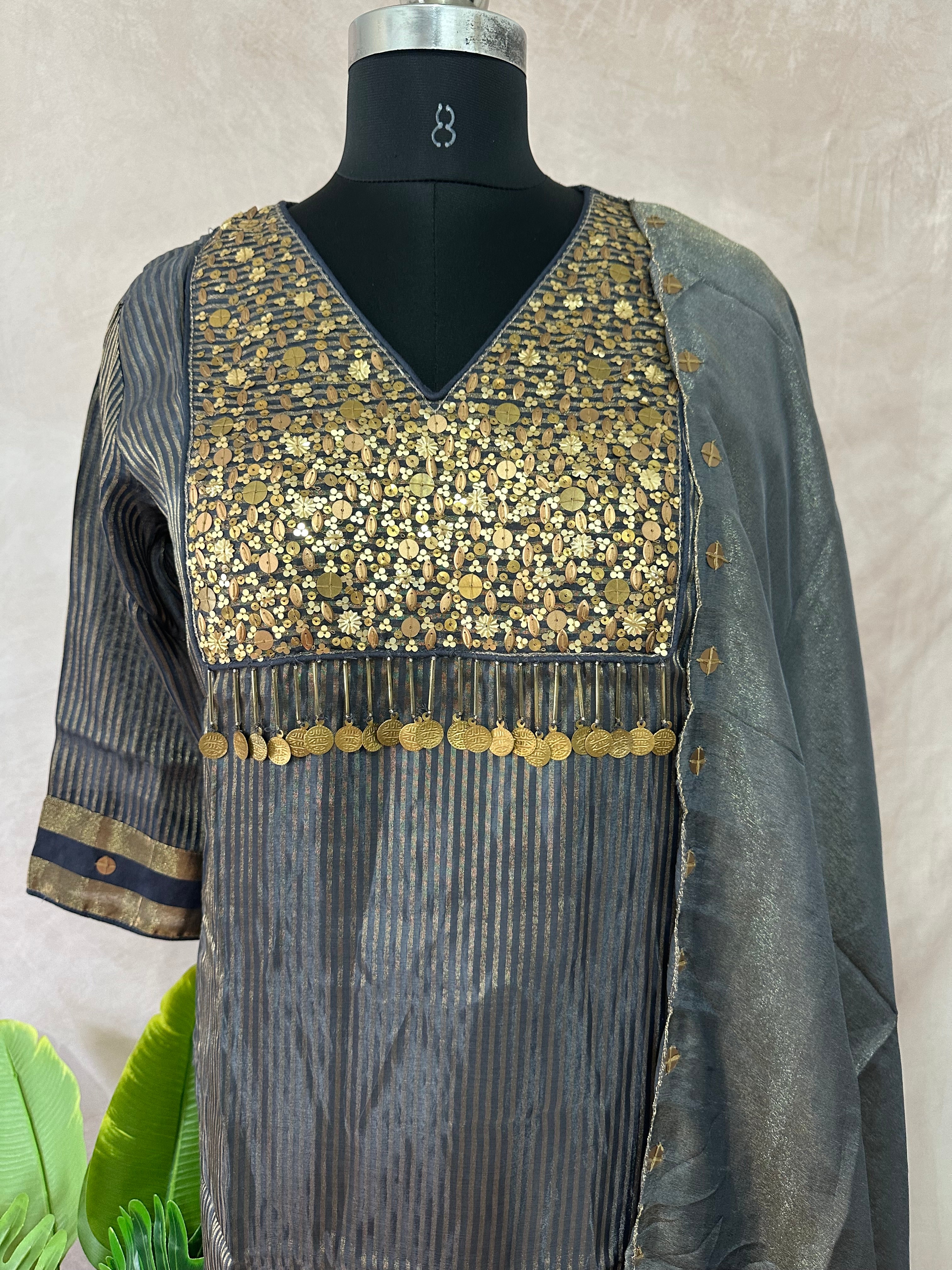 Grey chanderi tissue silk designer kurti set