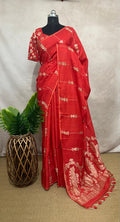 Red munga silk saree with stitched blouse
