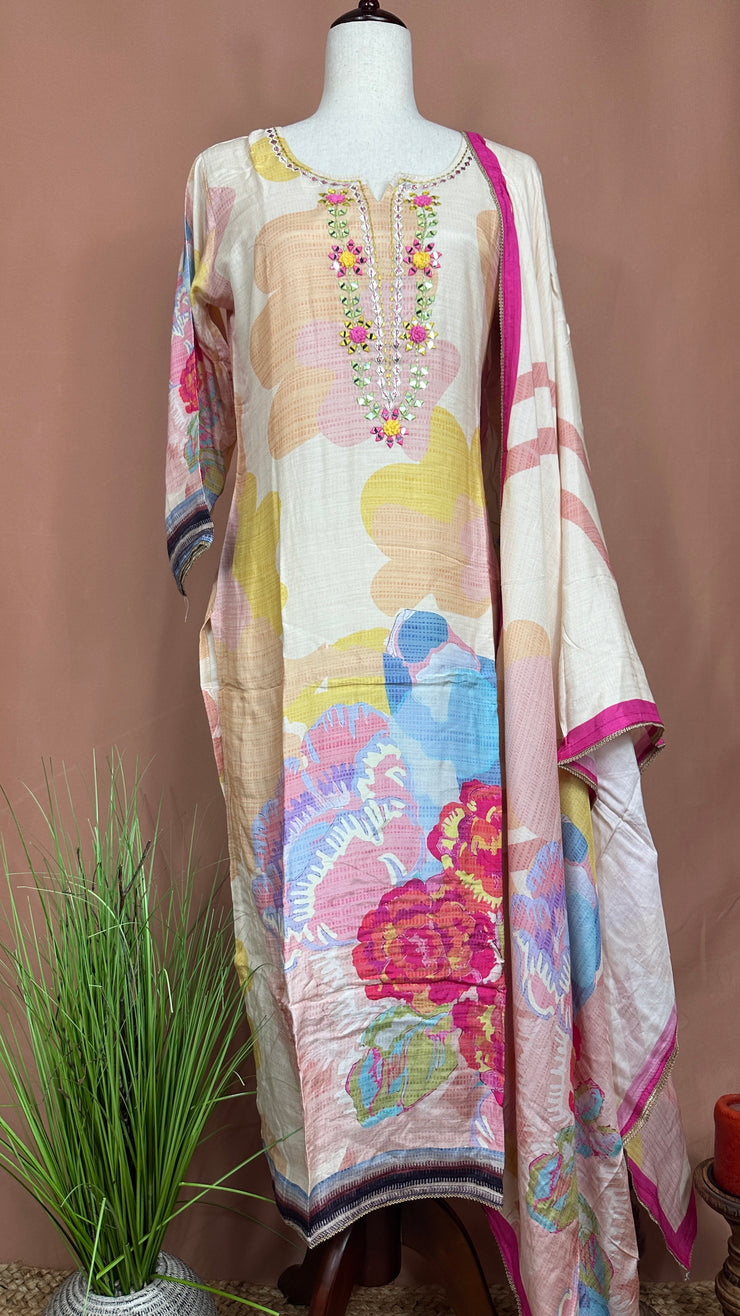 Off white cotton silk kurti set with floral print
