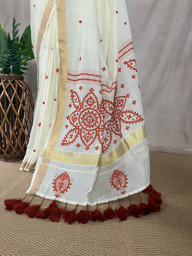 Soft cotton saree with Kutch and mirror work, and Pompom