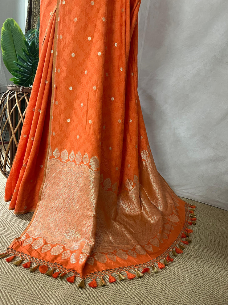 Orange pure munga silk saree with Tanchoi Weave , stitched blouse