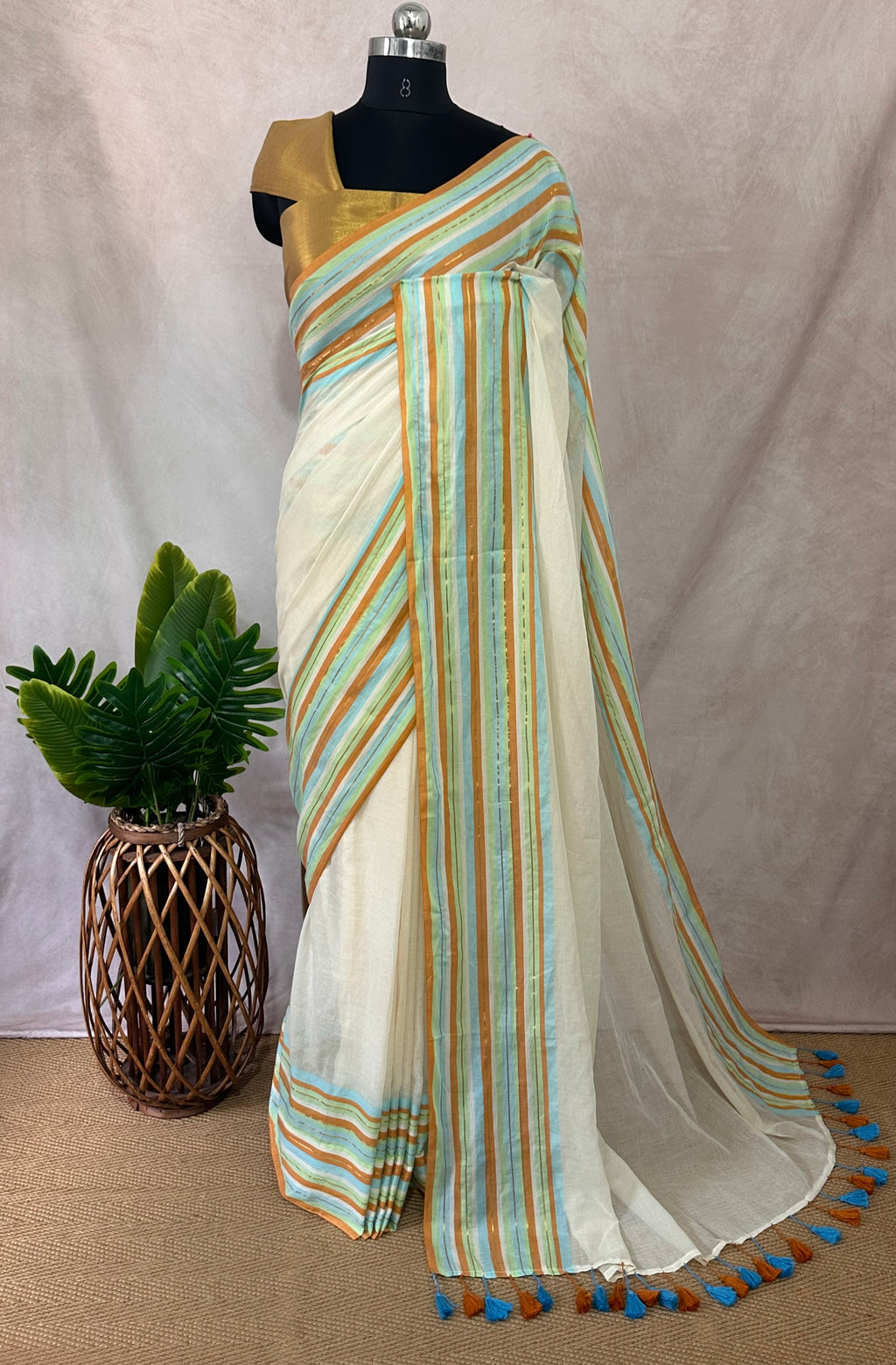 Multi color border 120 count mulcotton saree