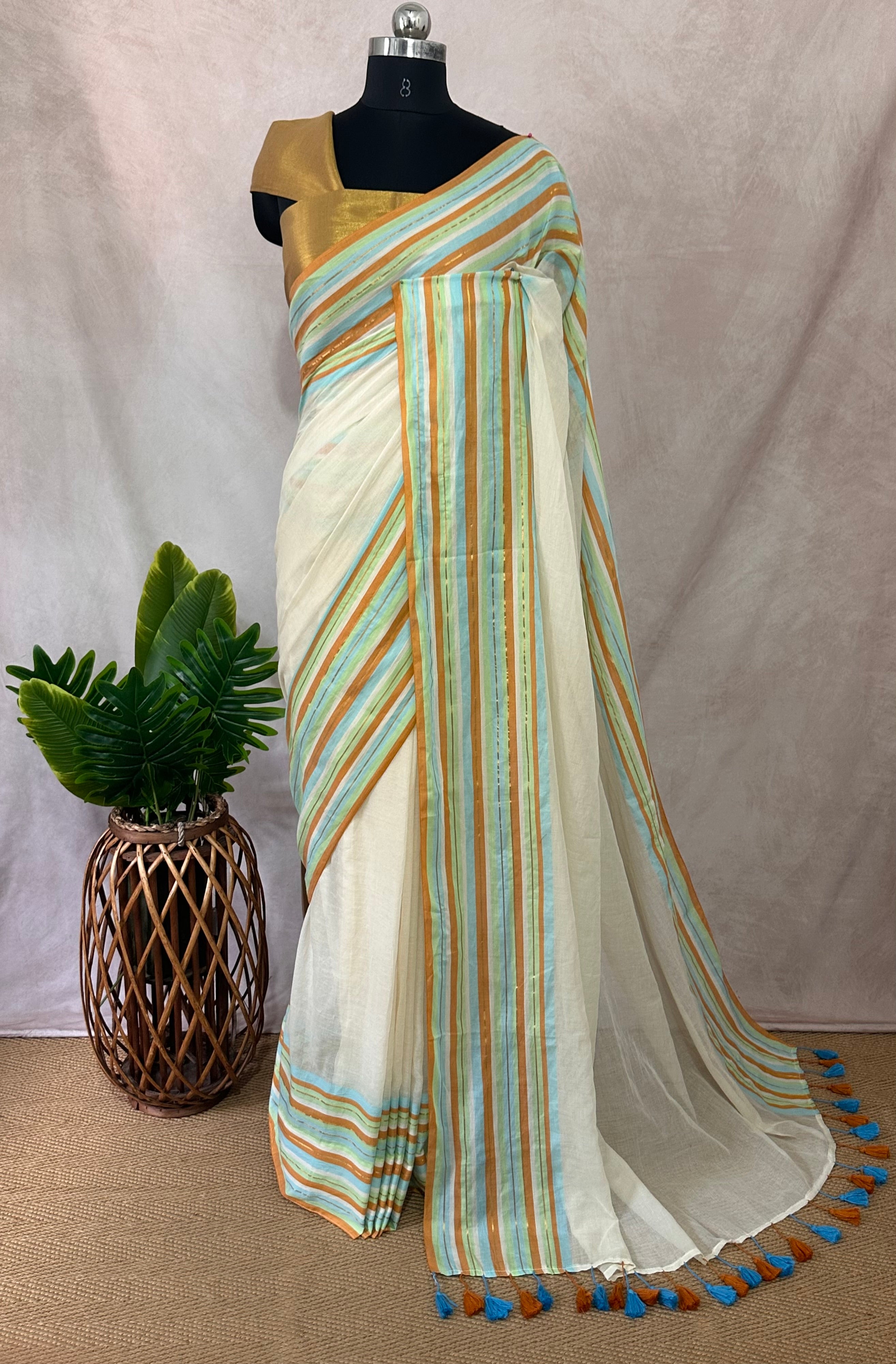 Multi color border 120 count mulcotton saree