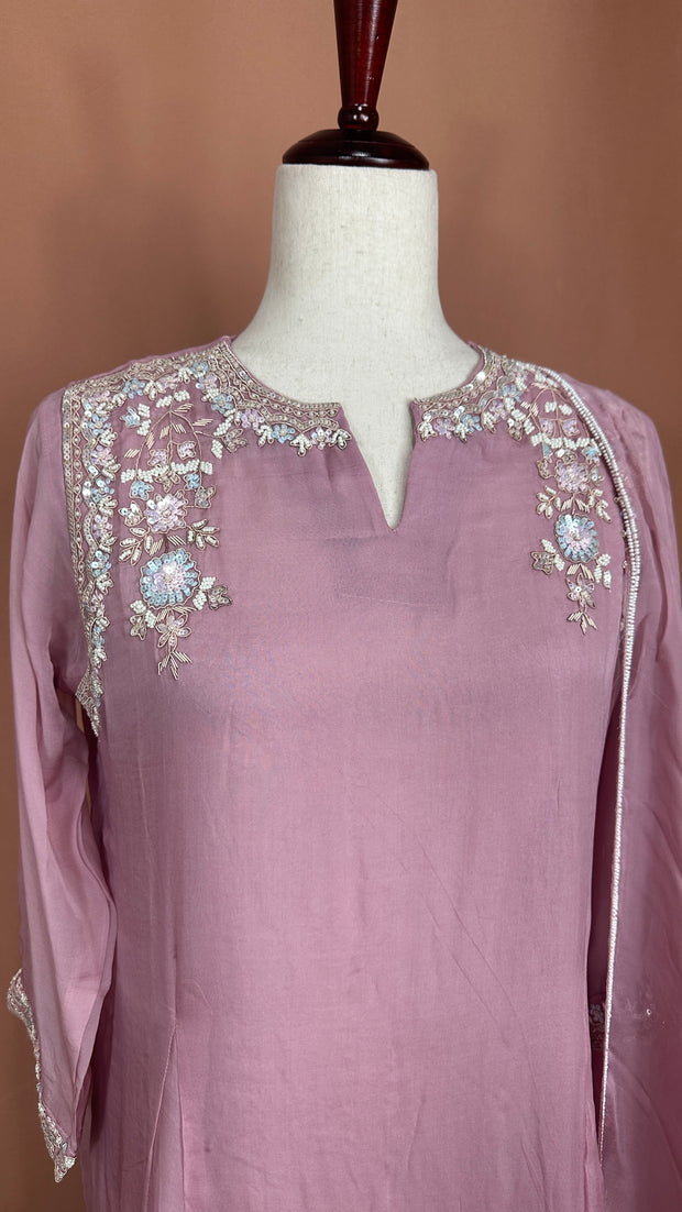 Lilac Organza silk kurti set with handwork