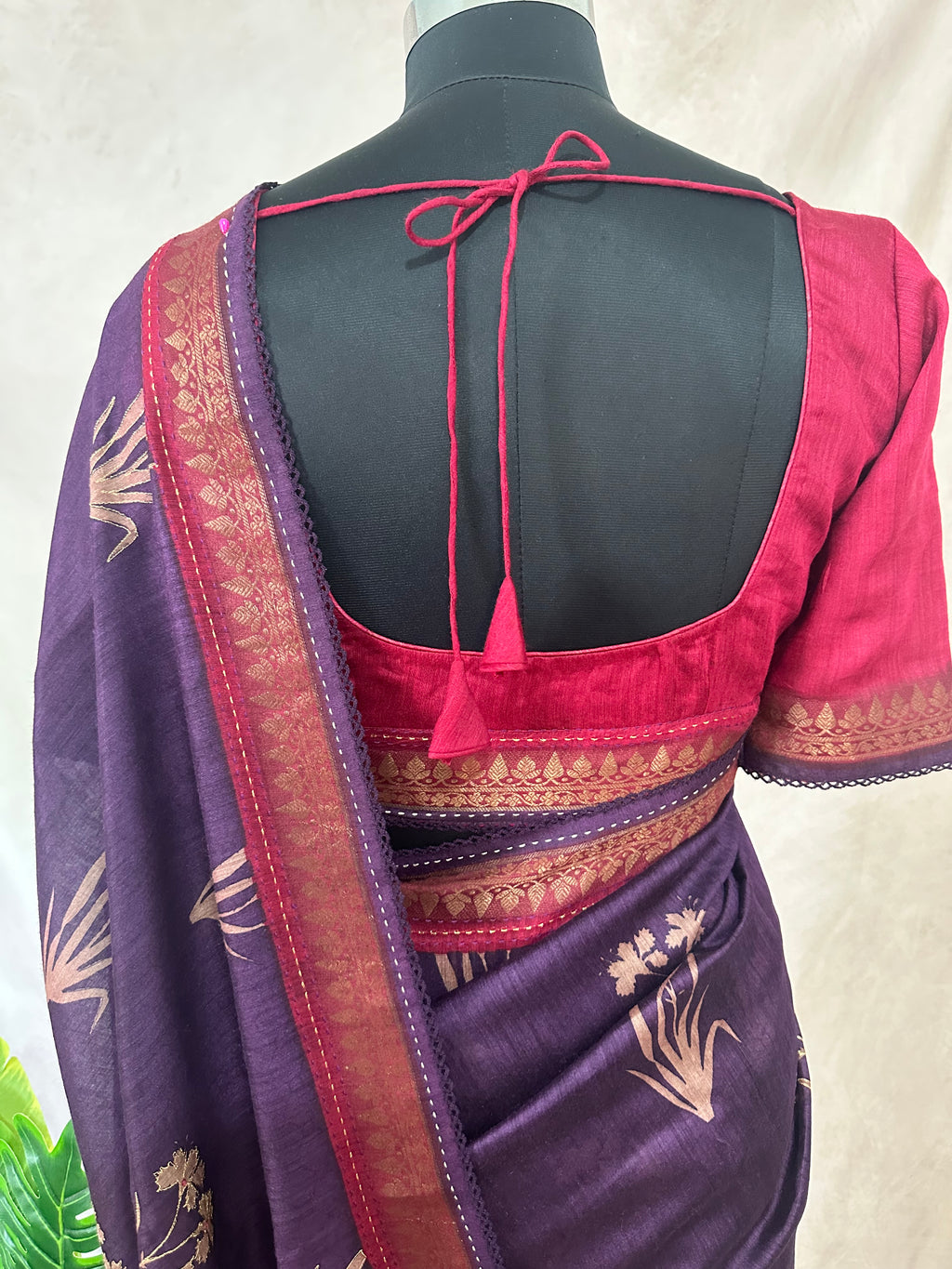 Blended Tussar silk saree with block prints and high lighted with handwork, stitched blouse