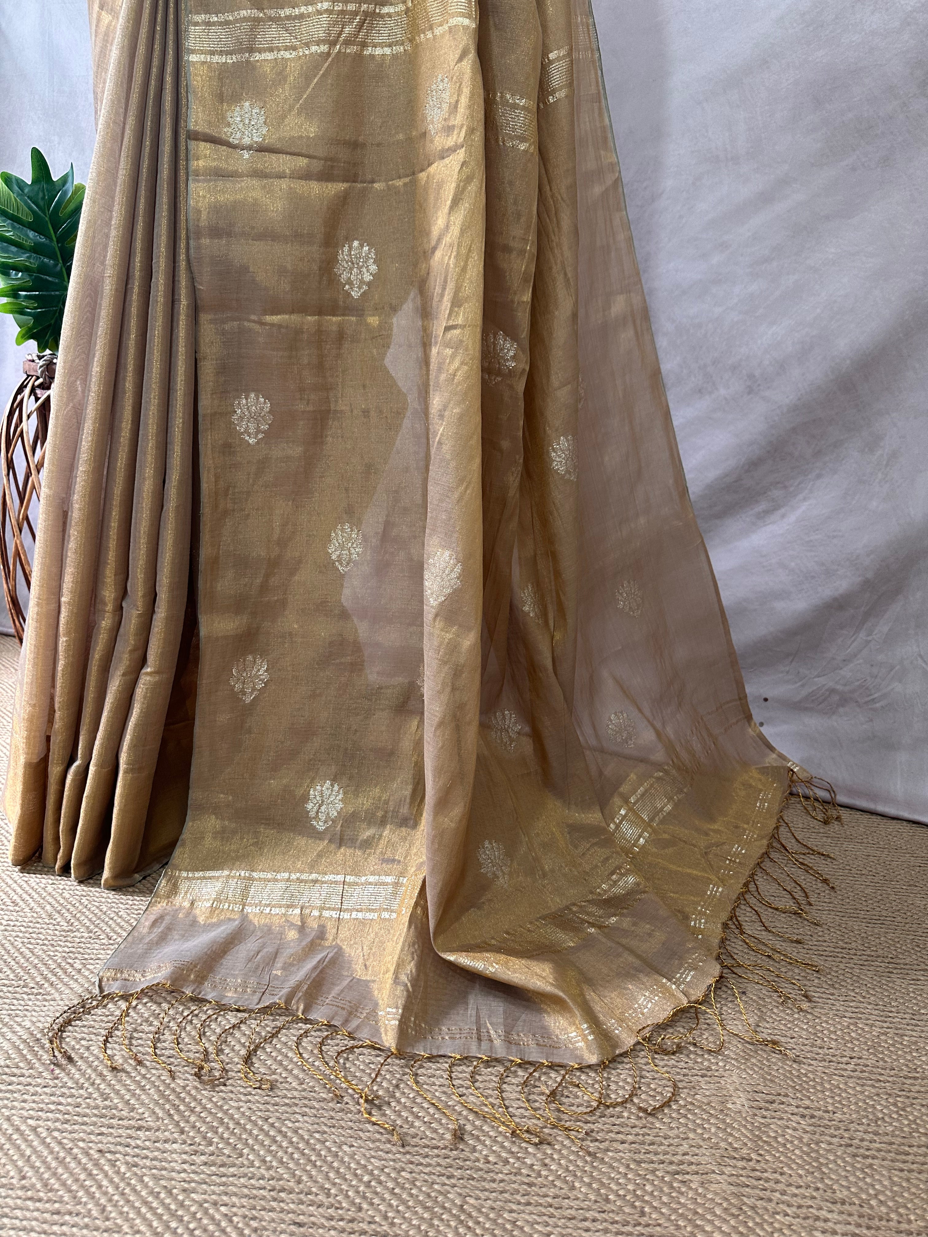 Handloom Gold cotton tissue saree with lotus jamdani weave ,