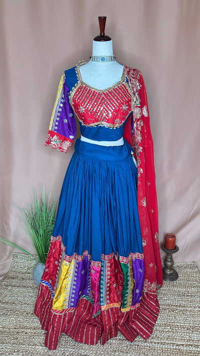 Blue and multicolored patch work lehanga set