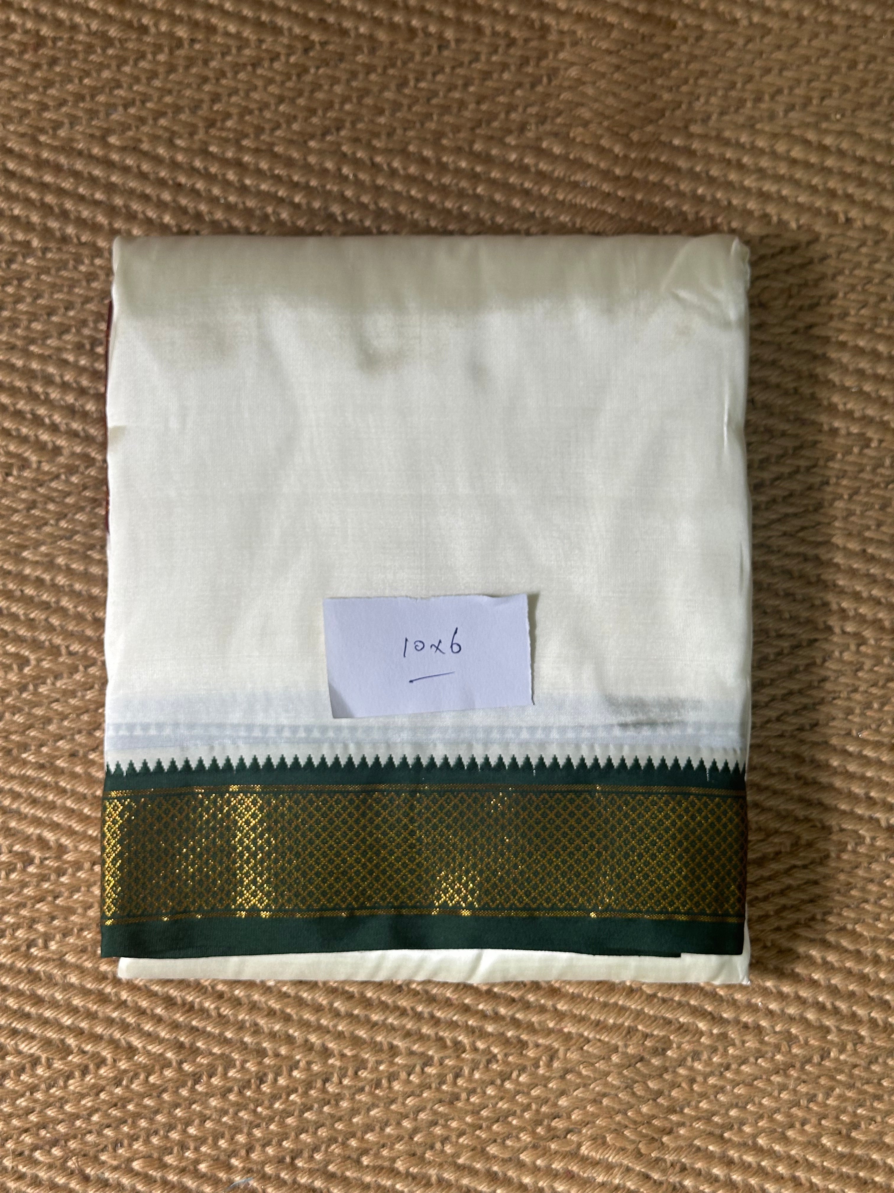 9X5 yard Semi silk dhothi (Green and maroon border)