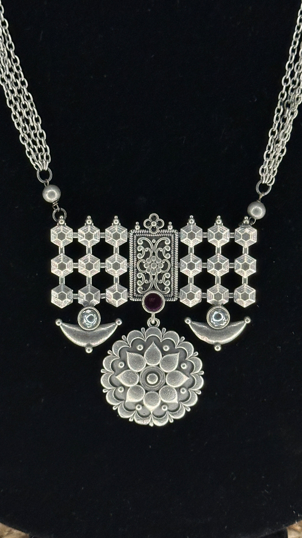 Silver replica necklace and earring - with red stone