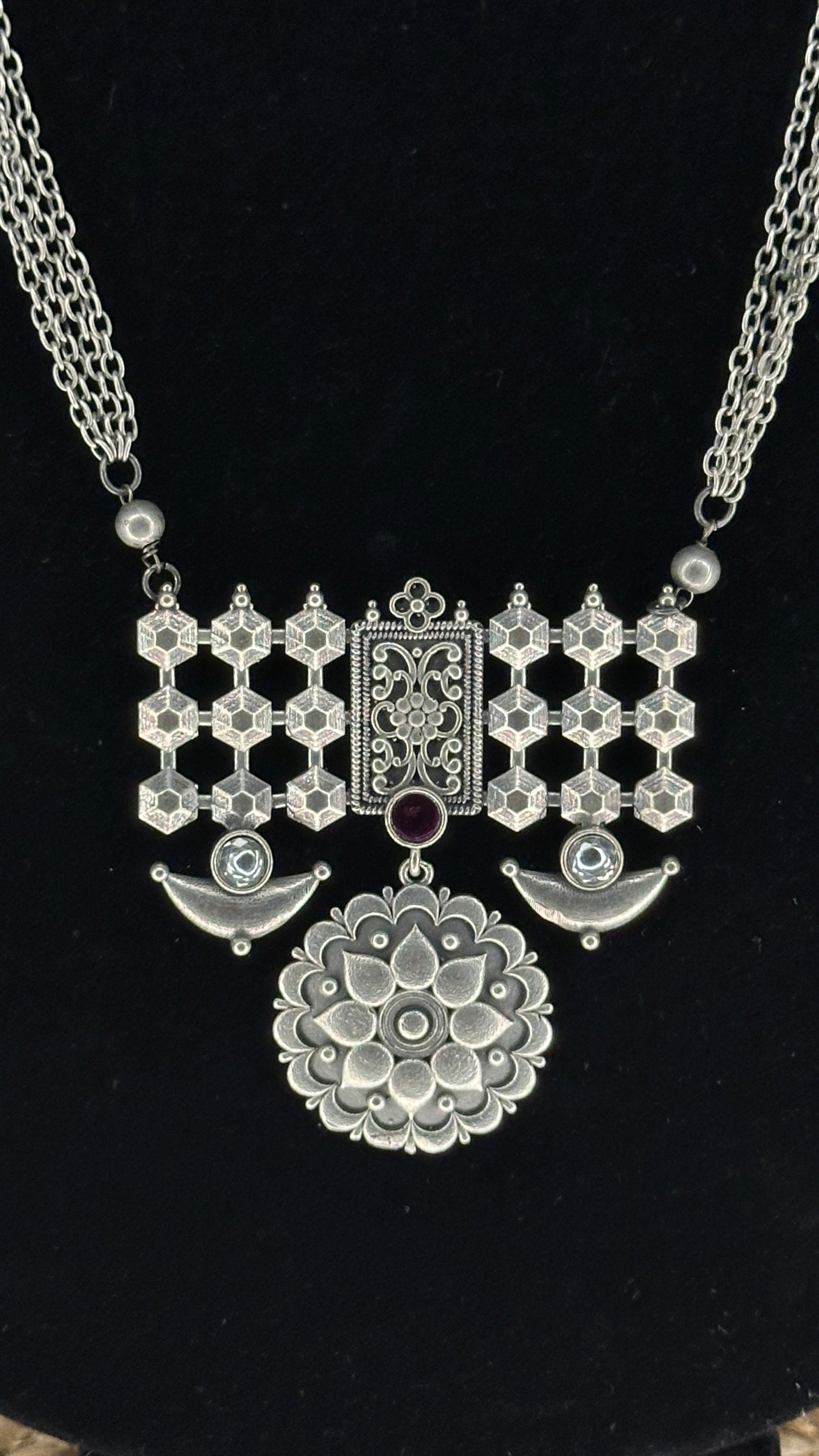 Silver replica necklace and earring - with red stone