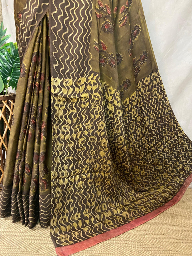 Nashpal Tussar by modal silk saree with hand block print with natural dye, with BP