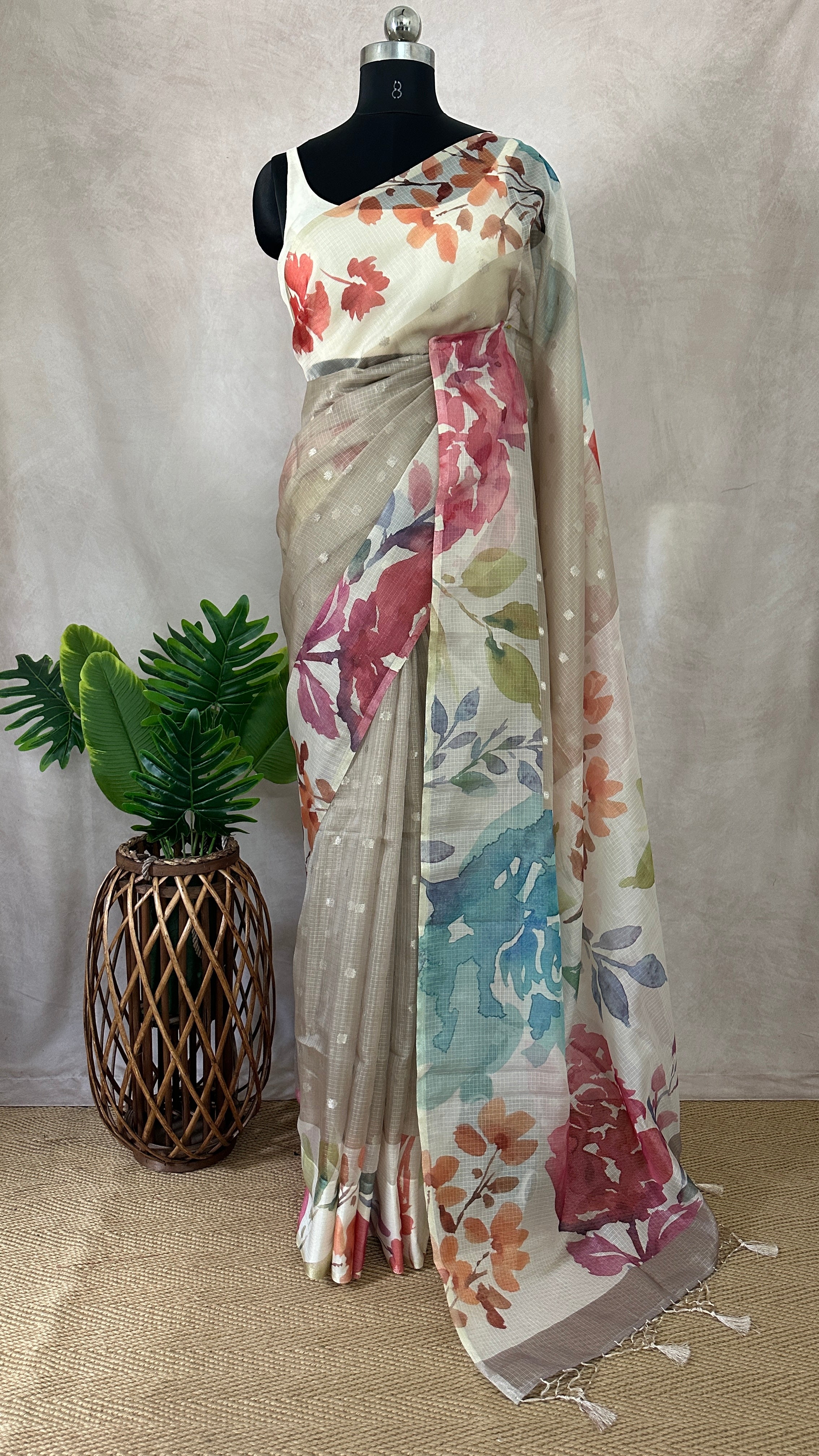 Kota silk saree with floral print border, with BP