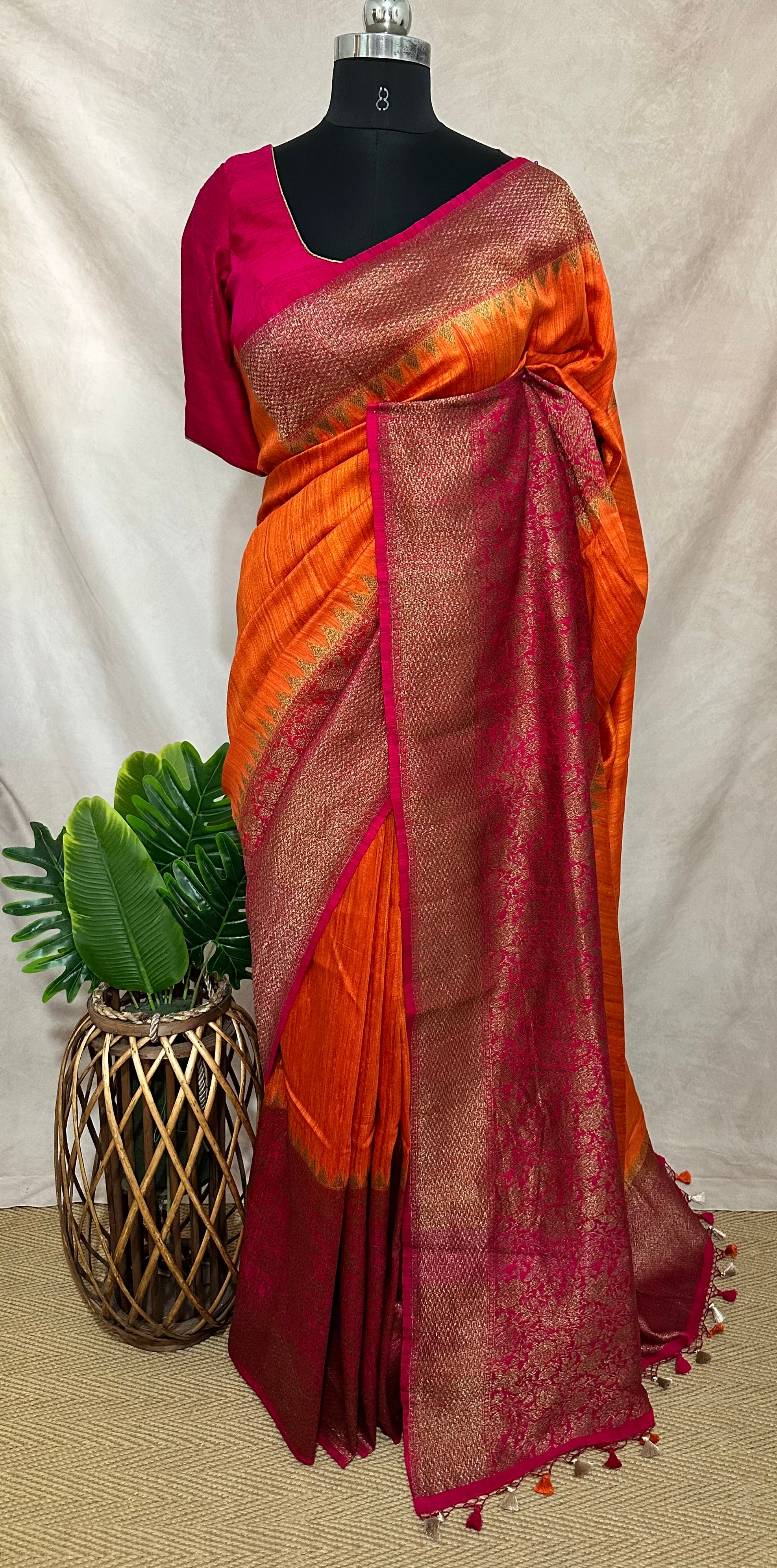 Pure raw silk saree with banarsi border saree with stitched blouse