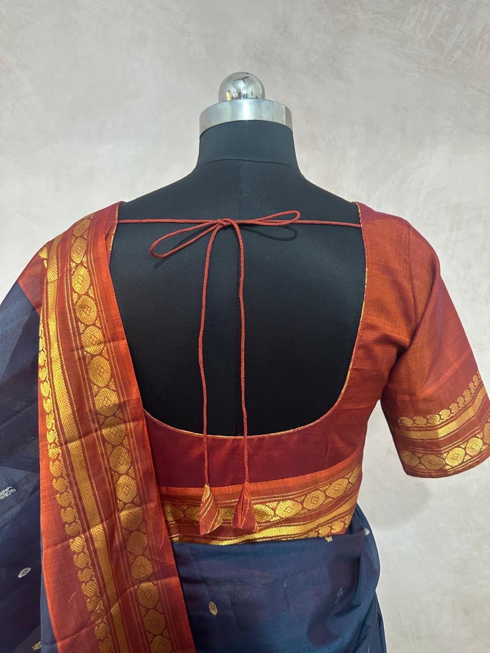 Handloom pure silk cotton peacock blue gadwal silk saree with stitched blouse