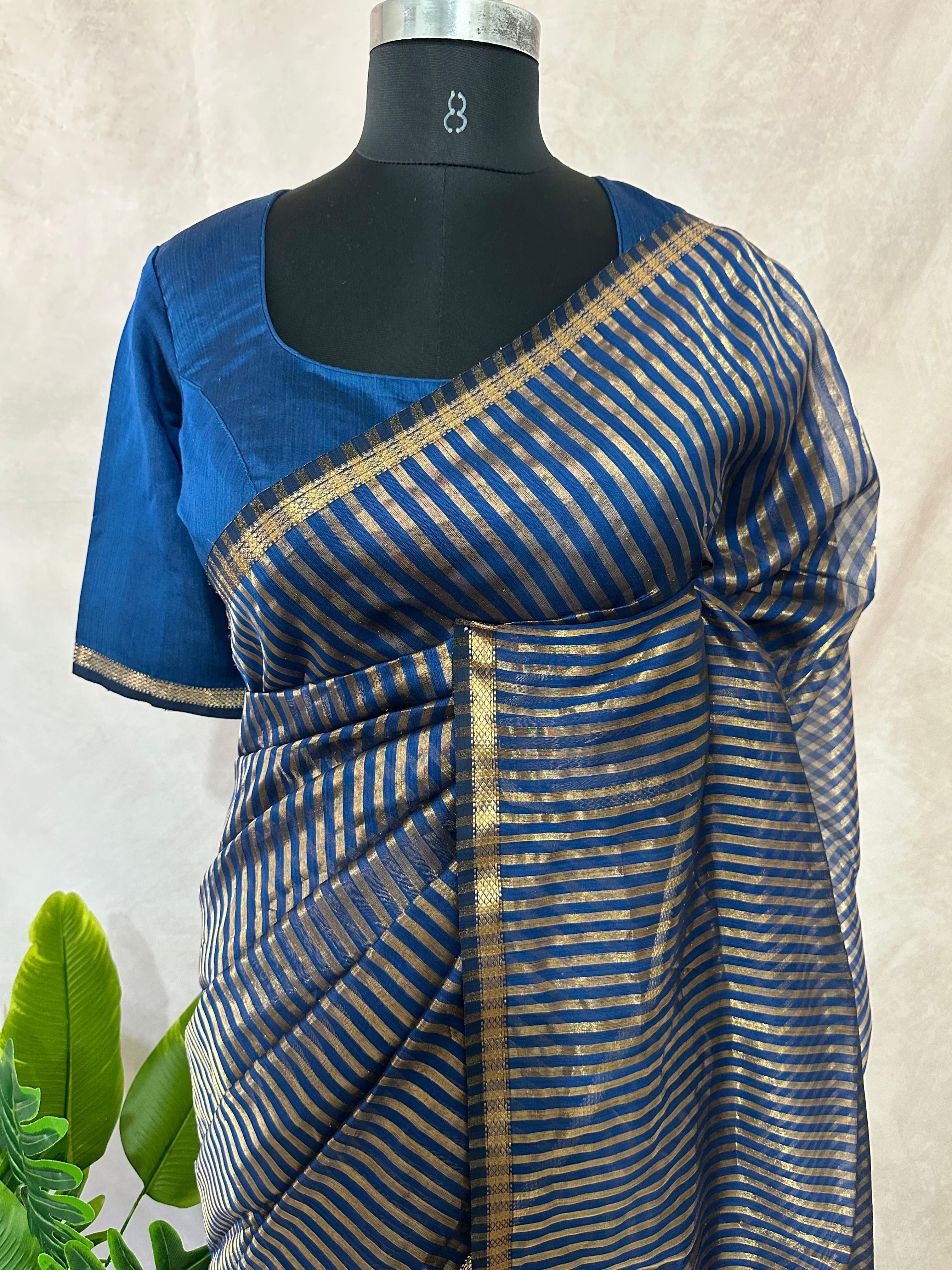 Maheshwari tissue silk saree with stripe and stitched blouse