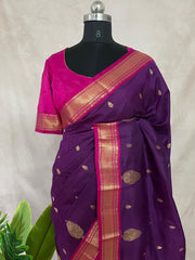 Purple and pink Kanchivaram saree with stitched blouse