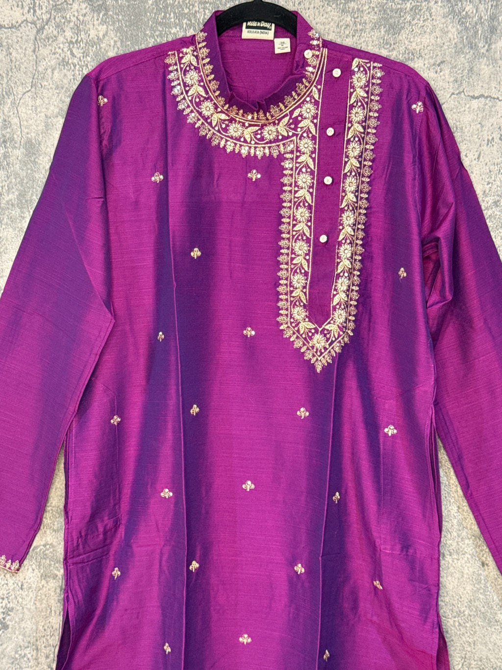 Eggplant cotton silk kurta with side neck open and emroidery