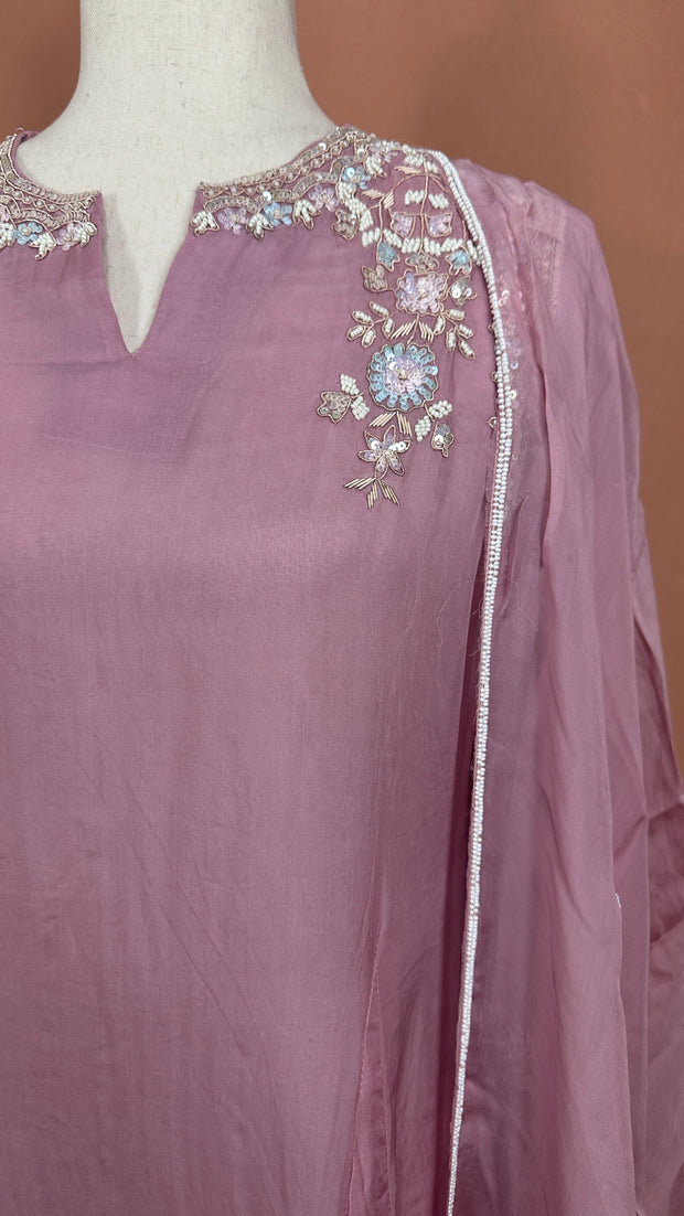 Lilac Organza silk kurti set with handwork