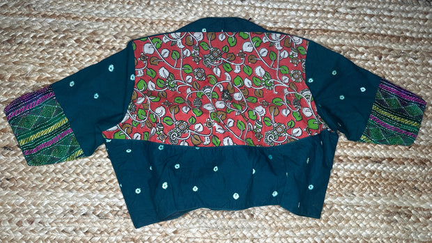 Green blouse with kalamkari and kanta patch work
