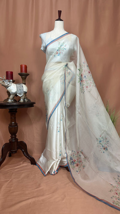 Aliya Bhatt White floral printed half organza and half satin silk saree with stitched blouse