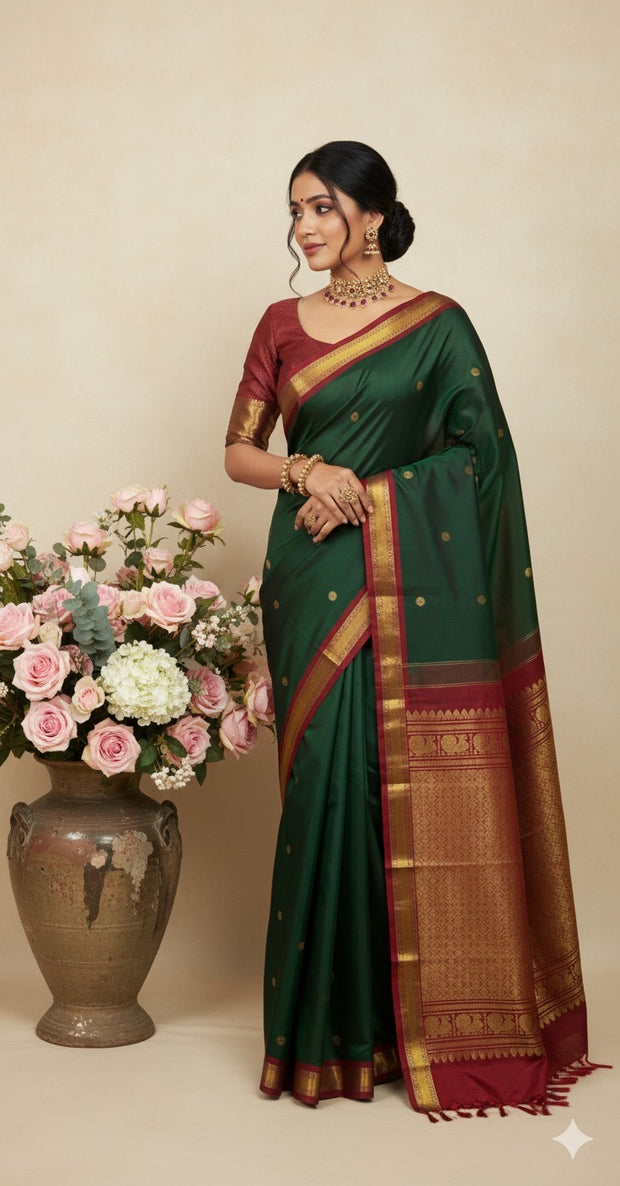 Forest Green and Maroon Kanchivaram Saree With Stitched Blouse