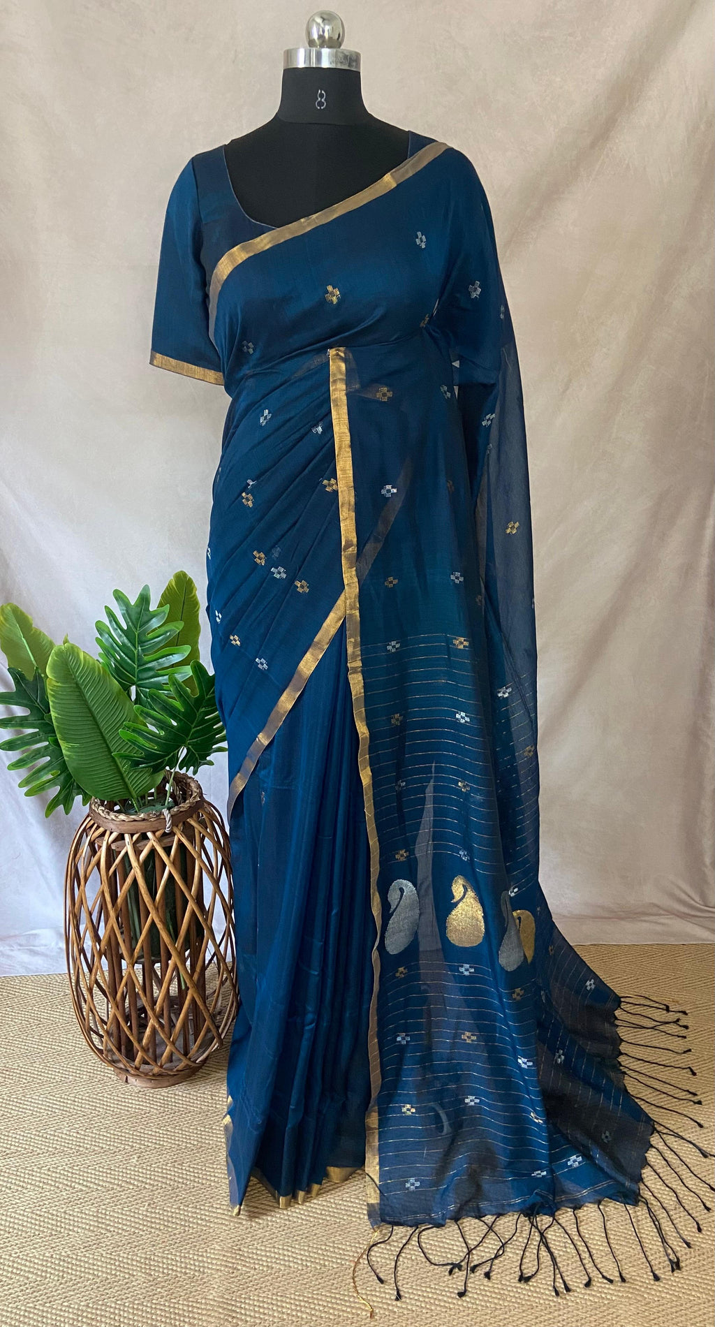 Peacock blue mangalgiri cotton silk handloom jamdani saree with stitched blouse
