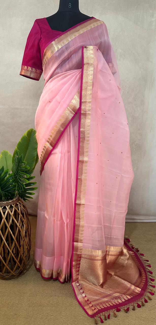 Kora silk saree with small border and stitched blouse and under skirt